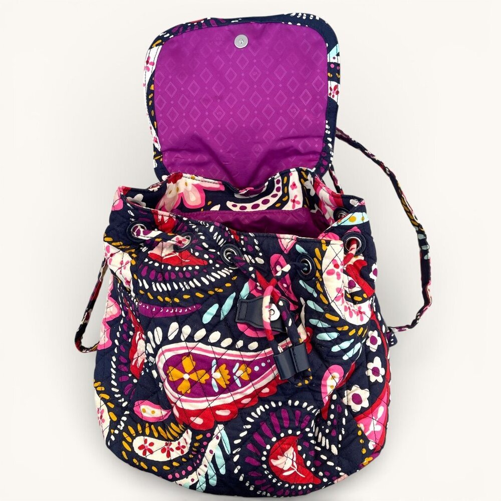 Vera Bradley Paisley Quilted Backpack Purple Pink blue Drawstring & Snap Closure - Picture 6 of 11